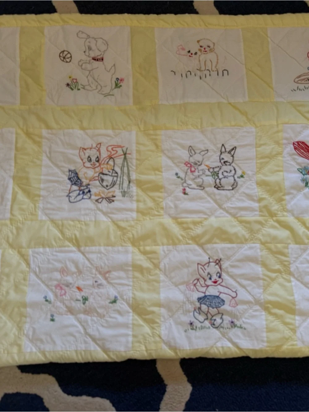 Hand-Embroidered Yellow & White Baby Quilt - Vintage Animal Blocks